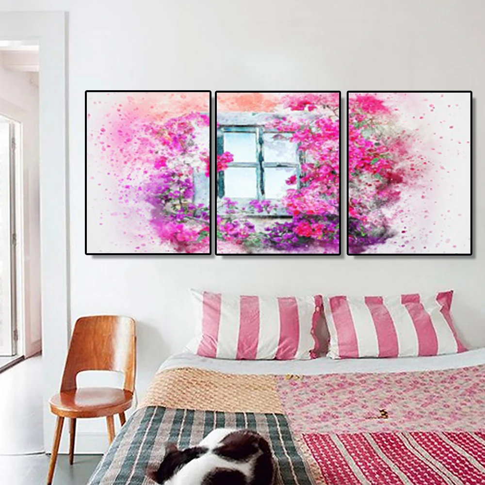 

Laeacco 3 Panel Canvas Painting Calligraphy Garden Posters and Prints Watercolor Flower Wall Pictures for Living Room Home Decor