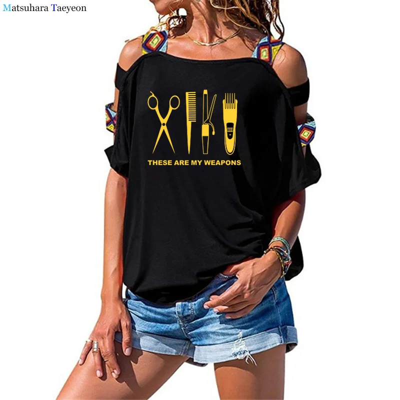 

Barber Weapon Women T Shirt Cotton Short Sleeve TShirt Funny T Shirts Sweatshirts Girls scissors Hollow Out Shoulder Clothing