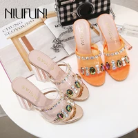 niufuni summer gems rhinestone crystal sequins thick heel womens pumps sandals slippers transparent sexy slides shoes open toe