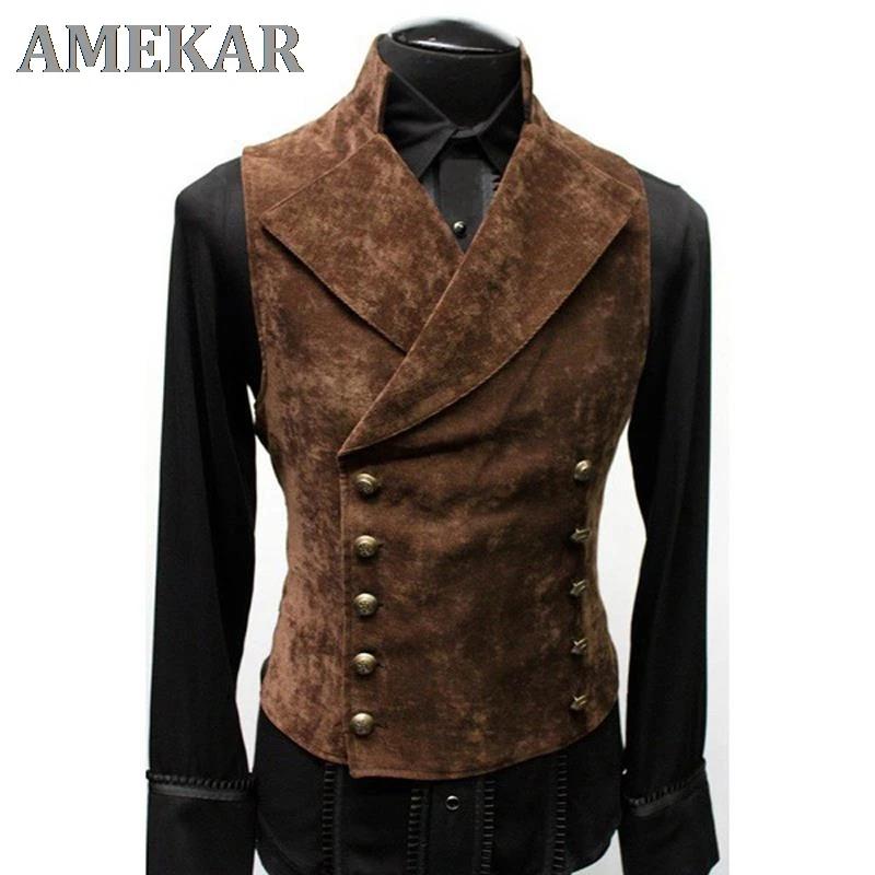 

Mens Double Breasted Gothic Steampunk Velvet Vest Stand Collar Medieval Victorian Black Waistcoat Men Stage Cosplay Prom Costume