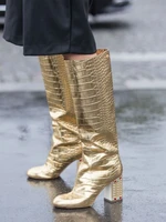 gold leather crystal block heel boots knee high almond toe street style fashion dress outfit boots winter spring shoes ladies