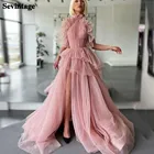 Женское плиссированное платье Sevintage, вечернее фатиновое платье розового цвета с разрезом и многоярусной юбкой, платье для выпускного вечера с открытой спиной