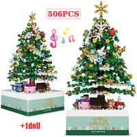 mini friends city street view christmas music box building blocks moc santa tree house figures bricks toys for children gifts