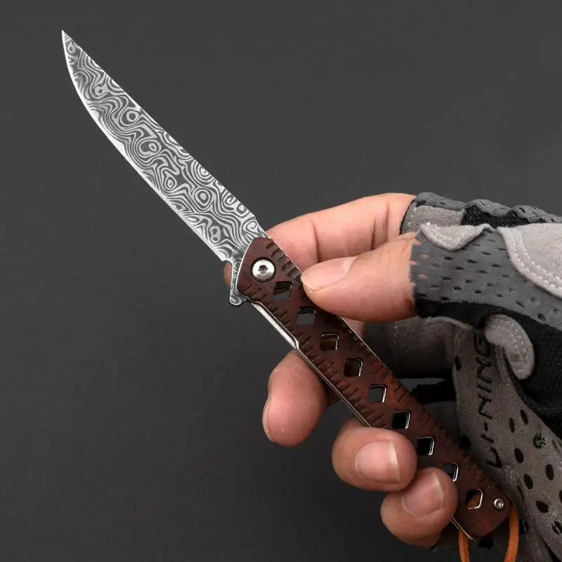 

PRZY D2 STEEL/LASER DAMASCUS Blade Knife Outdoor Sharp MiNi Folding Pocket Knife with Wooden Handle Home Kitchen Tools EDC Knife