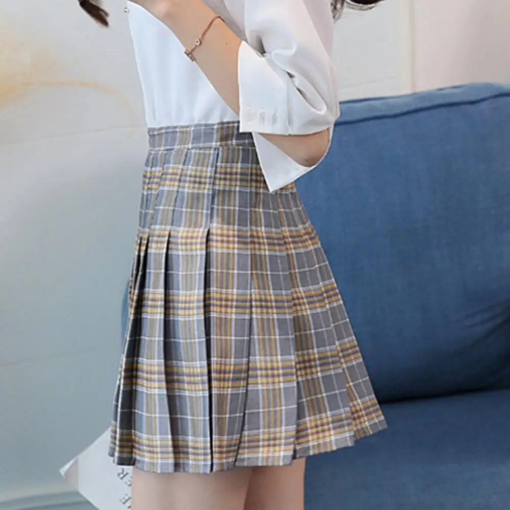 Женская короткая юбка в клетку с завышенной талией и молнией|Женские юбки| |