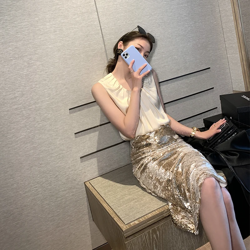 High-waist Fashion Sparkling Double-sided Sequin Skirt Autumn Winter Slim Fit Hip Wrap Dress Party Elegant Women Green Skirts | Женская