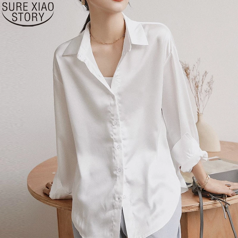 

Vintage Shirt Autumn New Korean Long Sleeve Tops Mercerized Satin Shirt Women Blouses Office Lady Turn Down Collar Blusas 17781