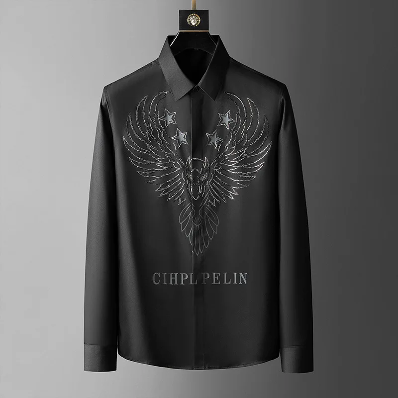 

2021 Eagle Print Shirts Men Luxury Hot Rhinestone Long Sleeve Casual Shirt High Quality Slim Social Party Dress Shirt Camisas