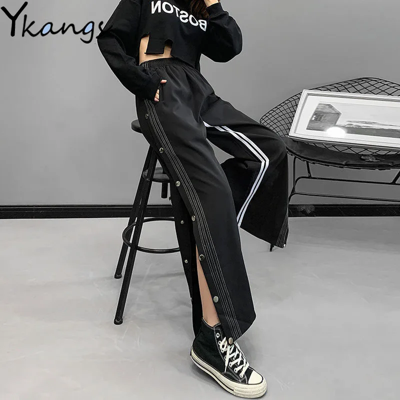 Черный с эластичной резинкой на талии широкие брюки для девочек в Корейском