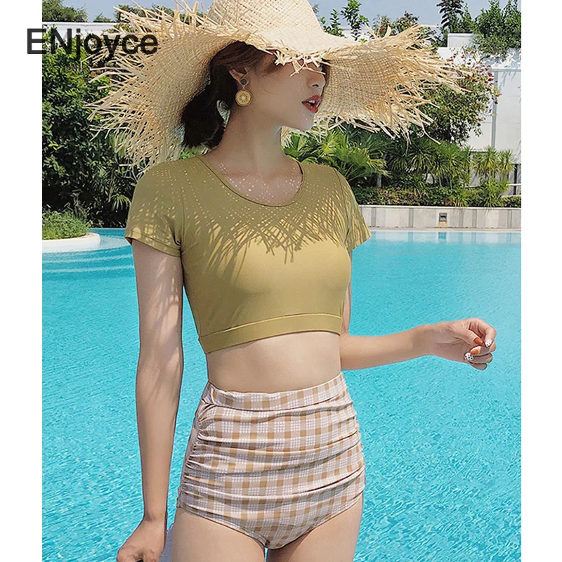 Split Short Sleeve Cropped Top Bikini 2 Piece Set 2021 Sexy Cover Up Swimsuit Women Swimwear Swimming Bathing Suit Beach Wear