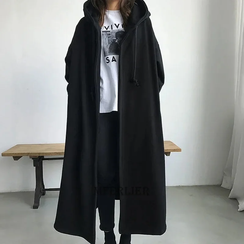 

Women's unzipped female trench coat, black winter zipper, wool, open, stitch, casual, streetwear, size 6xl 150kg