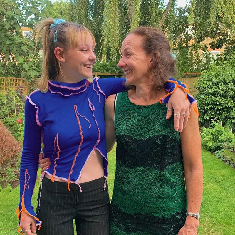 

Fashion Women Color Patchwork T-shirt Tight Slim High Neck Long Sleeve T-Shirts Ruched Crop Tops Clubwear Autumn T-shirt