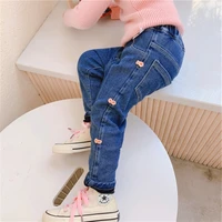 pink bow jeans spring autumn pants warm for boys girls children kids trousers clothing teenagers high quality plus velvet