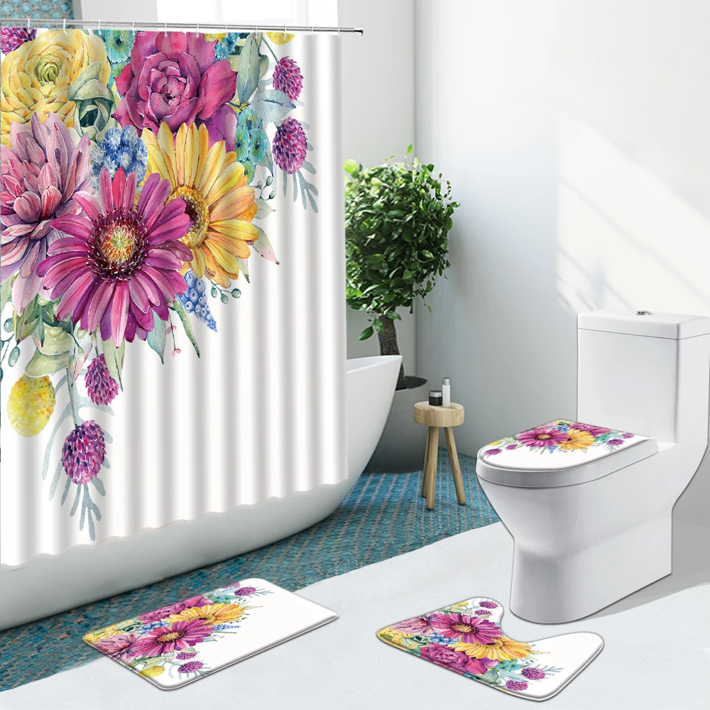 Занавески для душа с фиолетовыми цветами гиацинт зелеными листьями и птицами