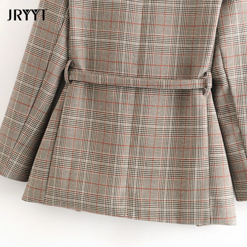 

Women's Early Autumn Casual Plaid Sashes Blazers Long Sleeve High Waist Houndstooth Jacket Elegant Suit Outerwear Office Ladies