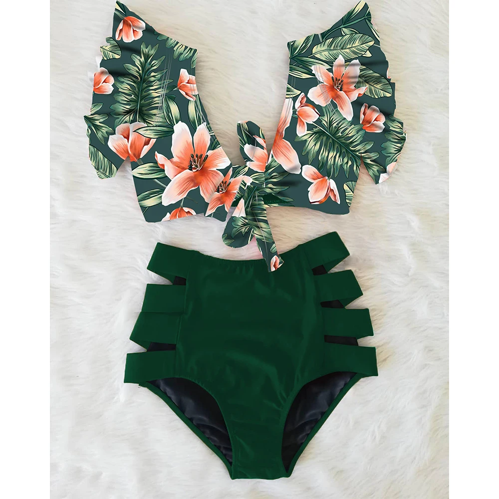 

Sexy Bikinis 2021 New Double Shoulder Ruffle Bikini Set High Waist Swimwear Women Swimsuit V-Neck Bathing Suit Beach Wear Swim