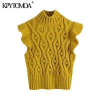 kpytomoa women 2021 fashion with pompoms ruffled knitted vest sweater vintage high neck sleeveless female waistcoat chic tops