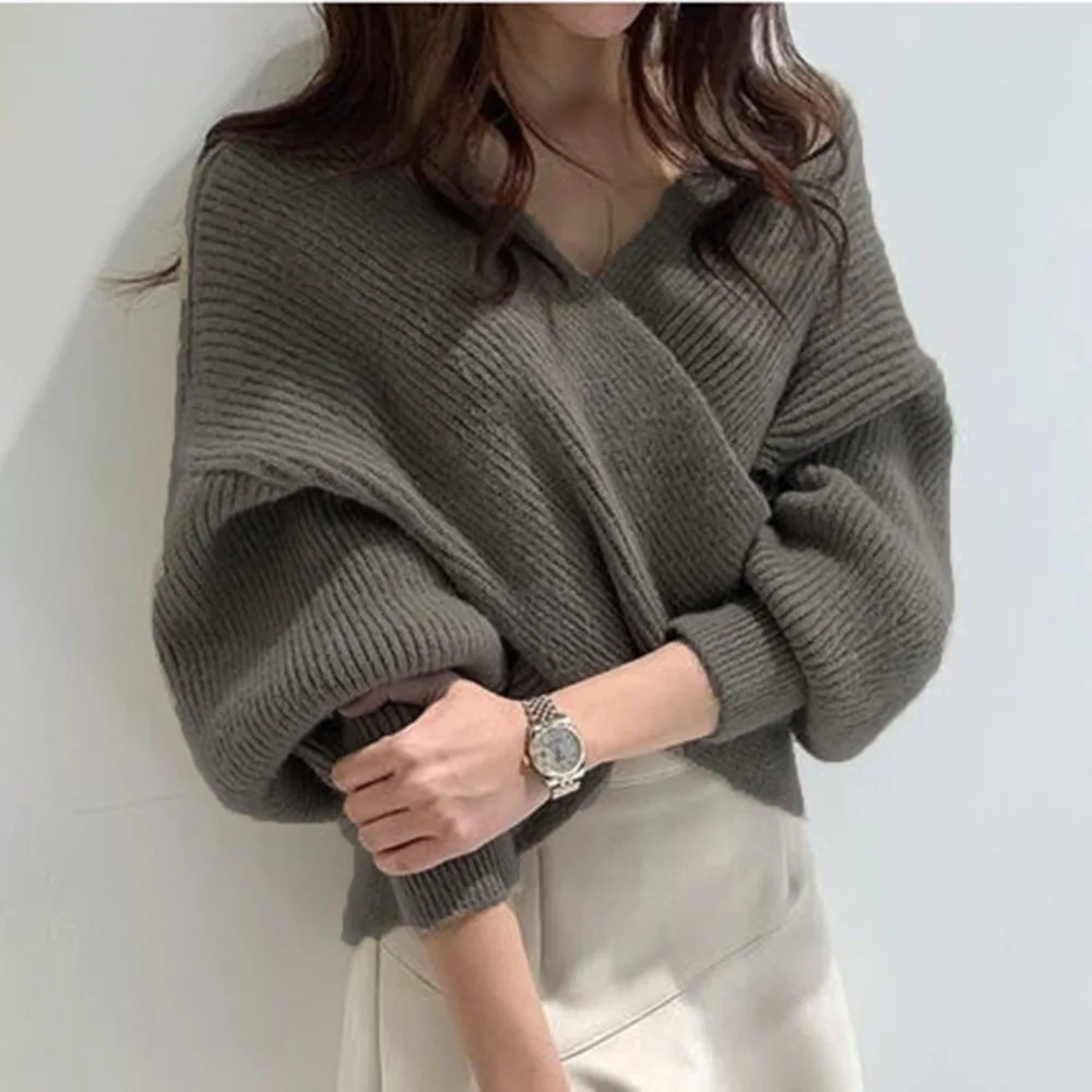 V Neck Twisted Back Sweater Women Korean Elegant OL Chic Knitted Pullovers Casual Tops Long Sleeve Solid Loose Jumper pull femm | Женская