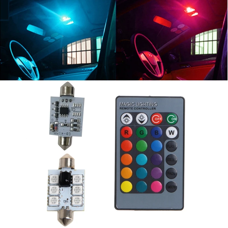 

1 пара 42 мм DC 12 В 5050 6 светодиосветодиодный RGB светодиодсветодиодный карта купольный автомобильный внутренний свет + пульт дистанционного уп...