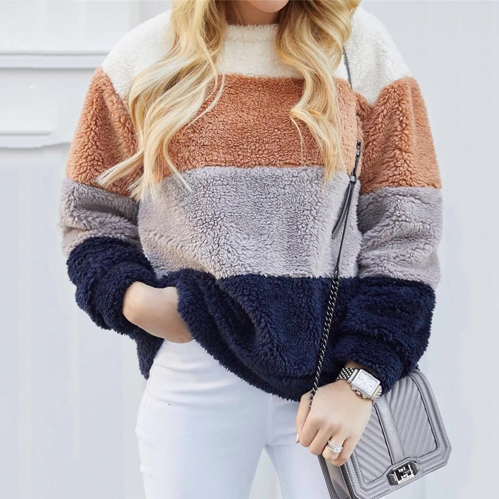 

Nice Color Stitching Casual Autumn and Winter Wear Loose Warmth Soft Thin Women's Sweatshirt O-neck Long-sleeved Hoodi