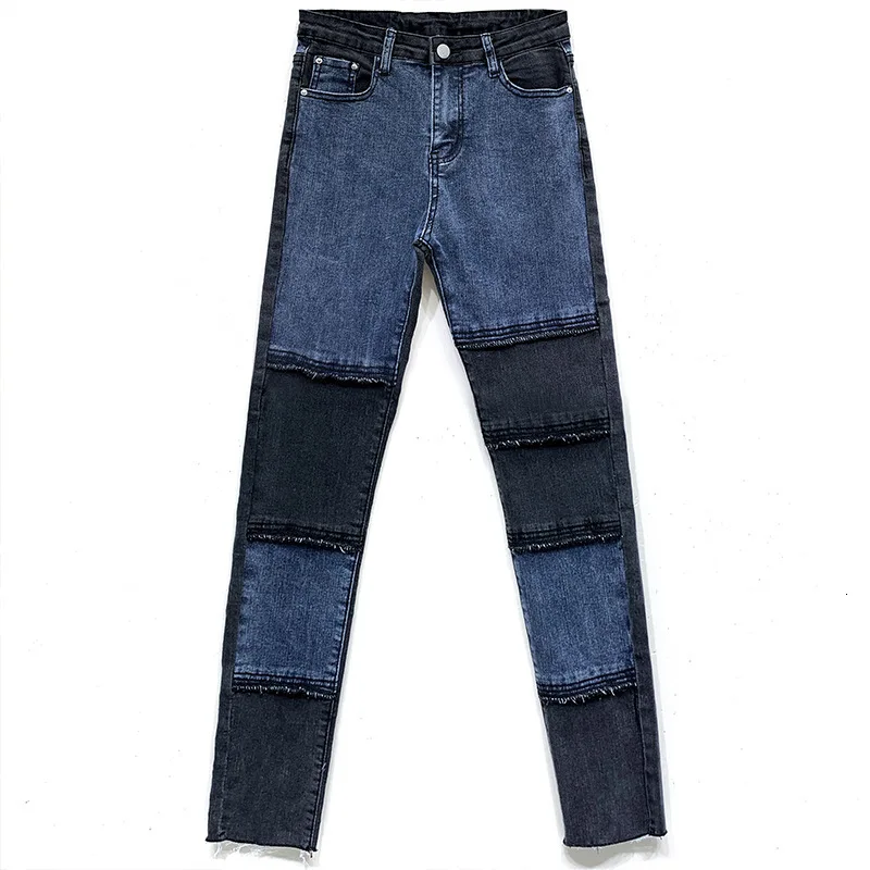 

Korean Fashion Color Stitching Ladies Denim Trousers Leisure Women Stretch Pencil Pants High Waist Skinny Trousers