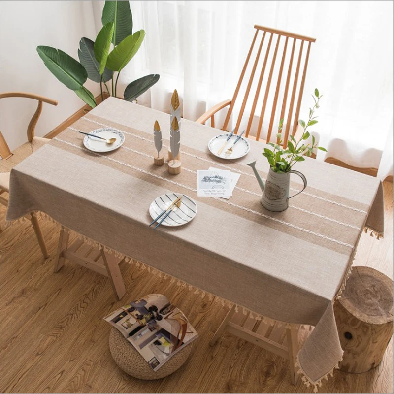 Клетчатая декоративная льняная скатерть с кисточками водонепроницаемая