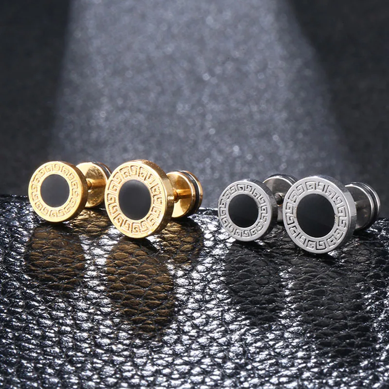 Fashion Stainless Steel Women's Studs Earrings For Men Ear Piericng Black Stone Gold Silver Color Face Stud Earring Jewelry