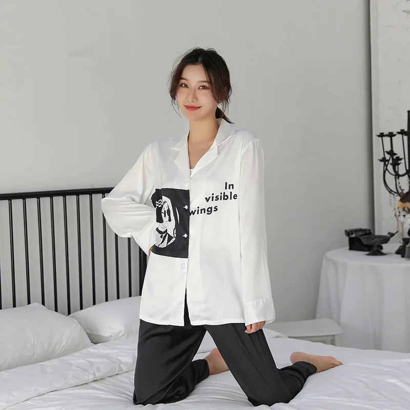 

2021 New Ice Silk Pajamas Women's Casual Printed Long-sleeved Trousers Lapel Buckle Trend Ice Silk Home Service Summer Sleepwear