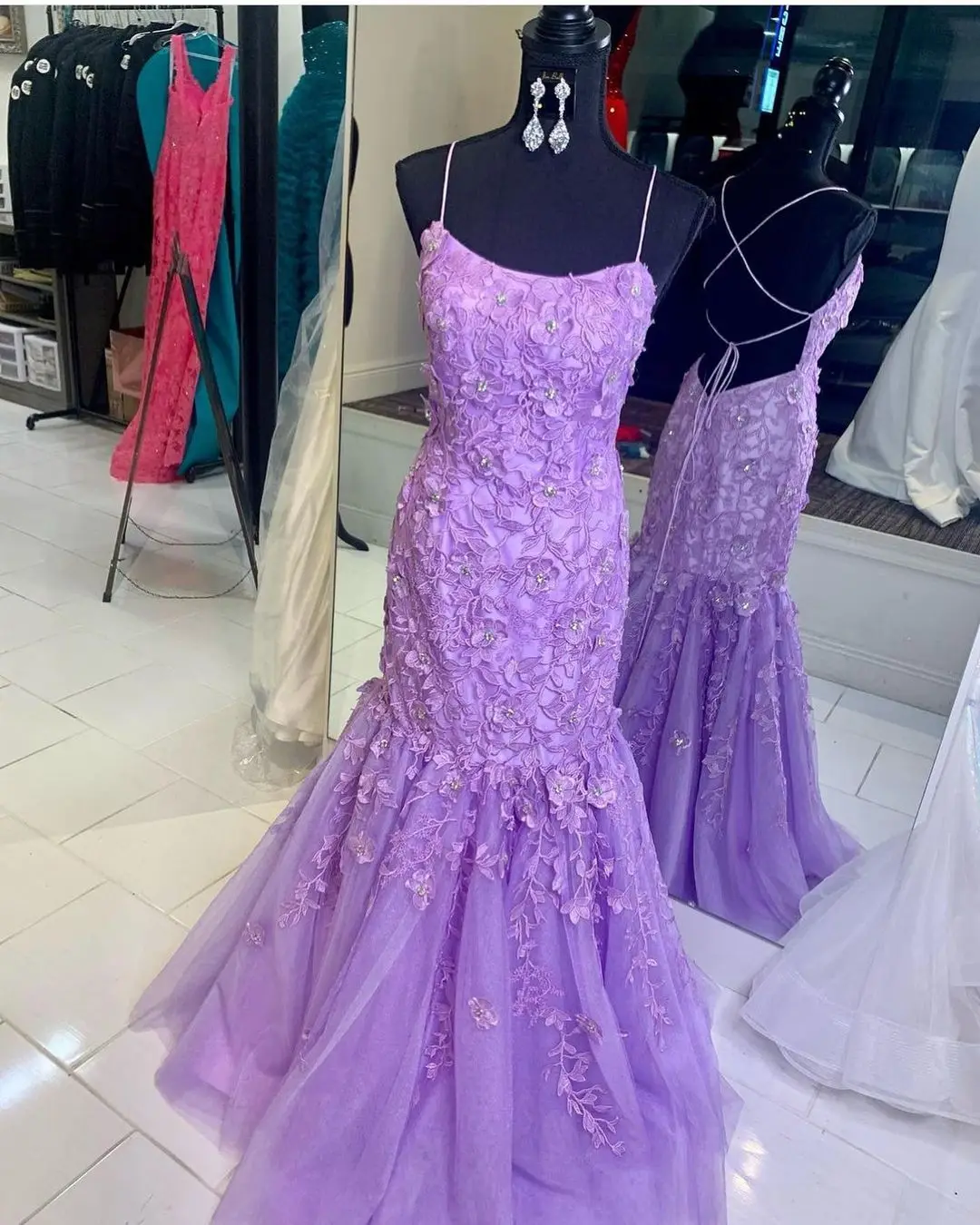 

Light Purple Prom Dress 2021 Lace Tulle Sexy Mermaid Formal Evening Gowns Spaghetti Neck Lace-Up Back Order-to-Made
