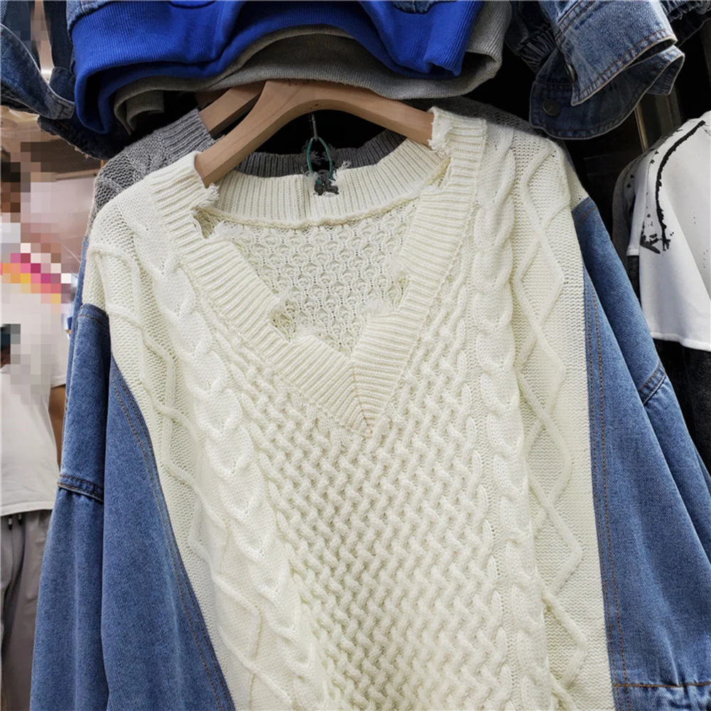 Женский джинсовый свитер с V-образным вырезом и длинным рукавом - купить по