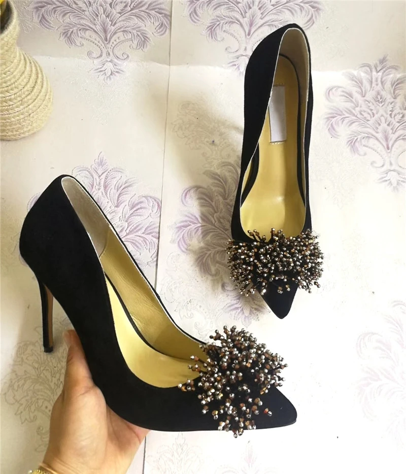 

Beading Decor High Heel Dress Shoes Woman Sexy Pointed Toe 10cm Thin Heel Luxury Black Suede String Bead Slim Pumps Women