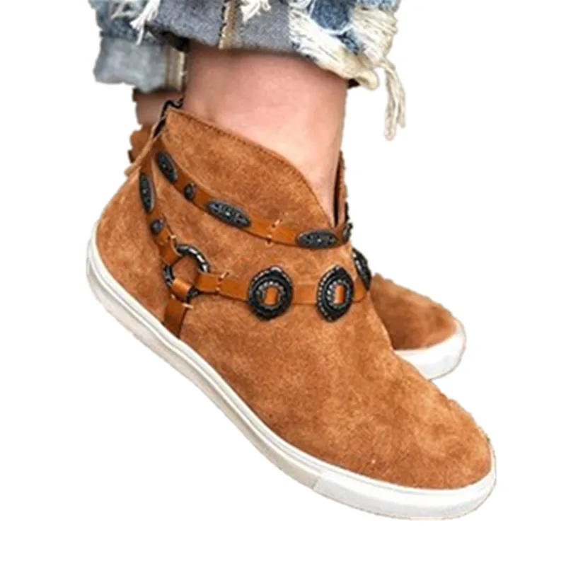 

Fashion Women Retro Ankle Boots Metal Decoration Flock Flats Rubber Sole Round Toe Zip Casual Cool Ladies Shoes Female Whosale