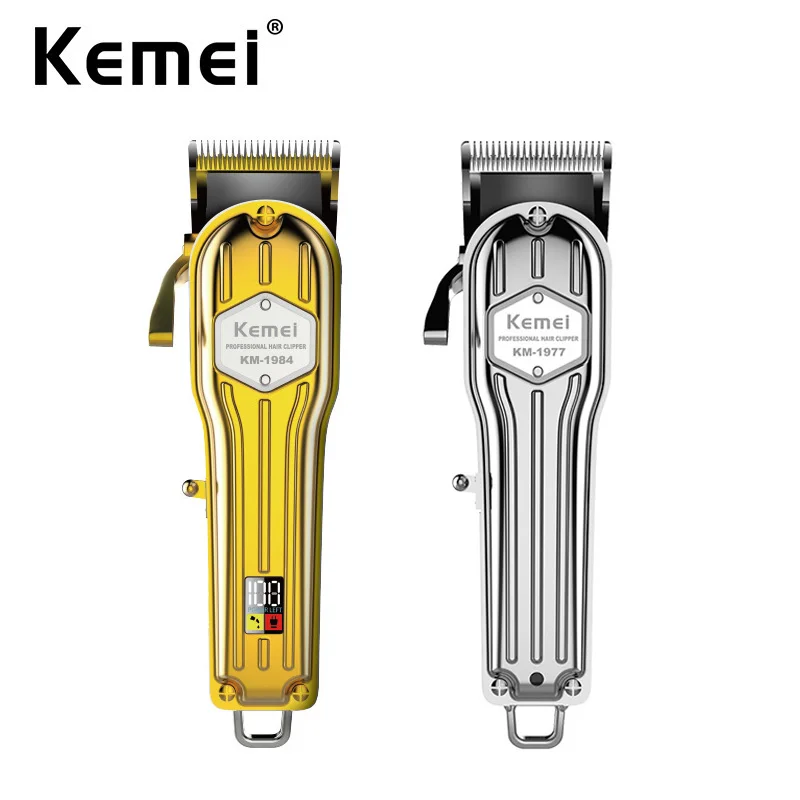 

Электрическая машинка для стрижки волос Kemei, мужской Аккумуляторный триммер с регулируемыми лезвиями из углеродистой стали, Золотая машинк...