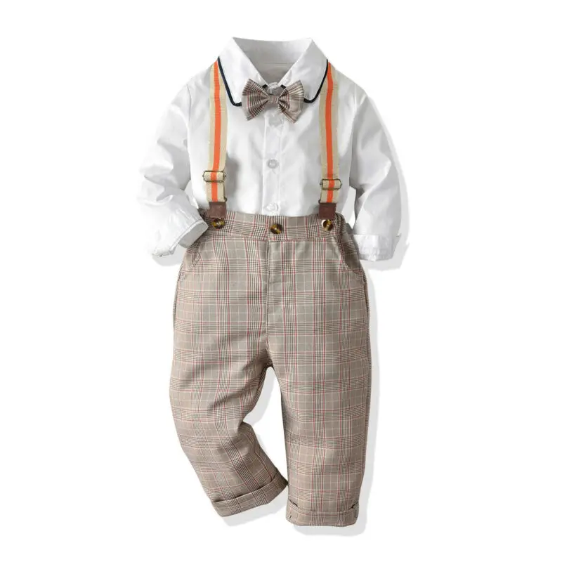 PUDCOCO 2PCS Kids Baby Boys Gentleman Formal Outfits Shirt Tops Bib Pants Plaid Overalls Long Sleeevs Set |