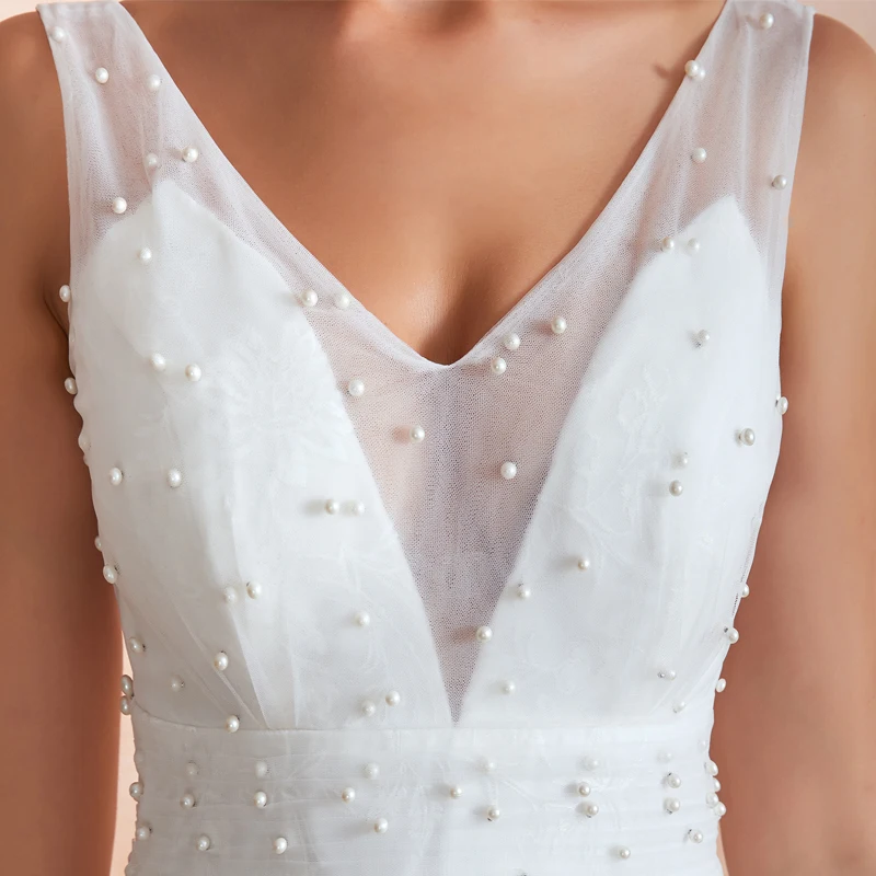 

Real Photos 2021 Wedding Dresses Bridal A Line Tulle Zipper Pearl Dubai V Neck Sleeveless Marriage Gown Vestido De Noiva 35372
