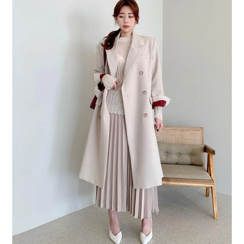 

New 2020 Autumn Winter Women's Windbreaker Elegant Buttons Vintage Oversize Split Office Lady Long Trench Tops CL505