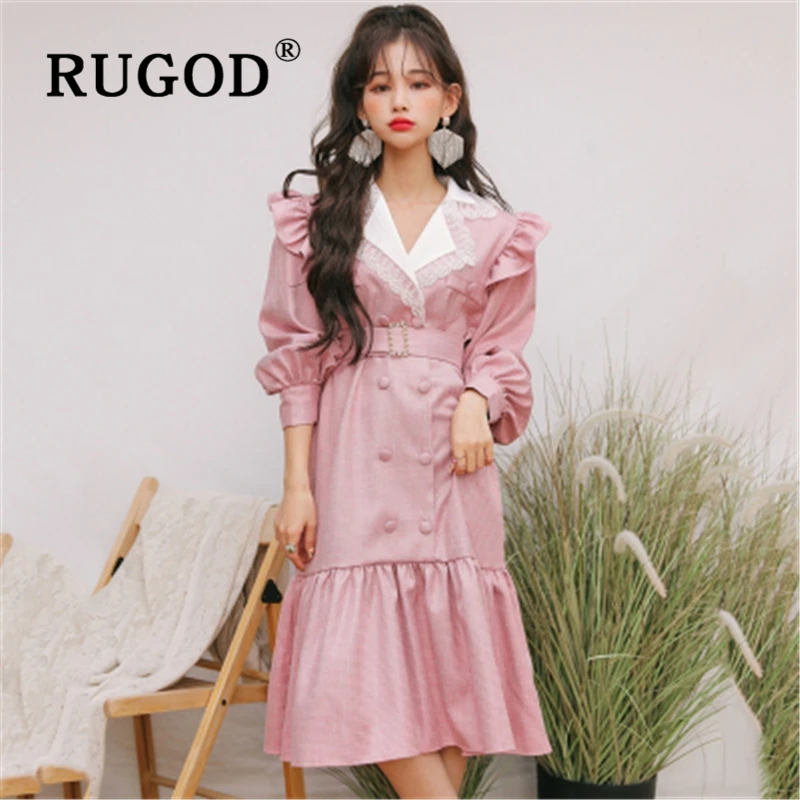 RUGOD 2020 Новое винтажное женское платье модное кружевное лоскутное двубортное с