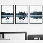 Постер на холсте с принтом, Скандинавская картина с изображением животных, оленей, семьи, леса, ландшафта, для гостиной, украшение для дома и офиса