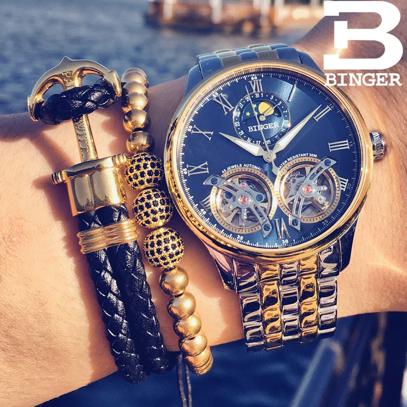 

Double Tourbillon Switzerland Watches BINGER Original Men's Automatic Watch Self-Wind Fashion Men Mechanical Wristwatch Leather