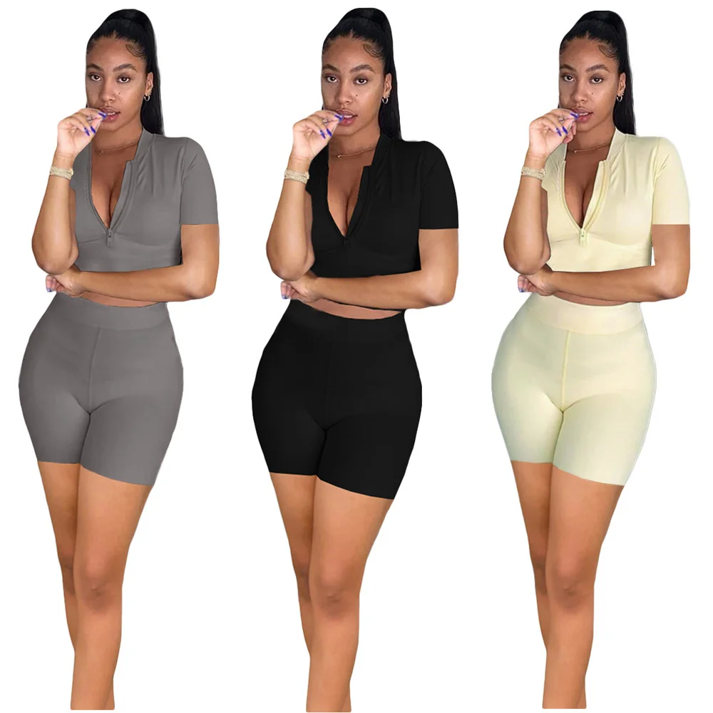 

Active Wear Sporty Two Piece Set Women's Sport Suit Zipper Up Short Sleeve Crop Top Fitness Short Moto Biker Loungewear Outfits
