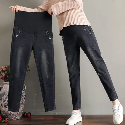 

Black Pregnant Women Jeans Maternal Elastic Pants Spring & Autumn Wear Outside Slim Pants Straight High Waist Trousers