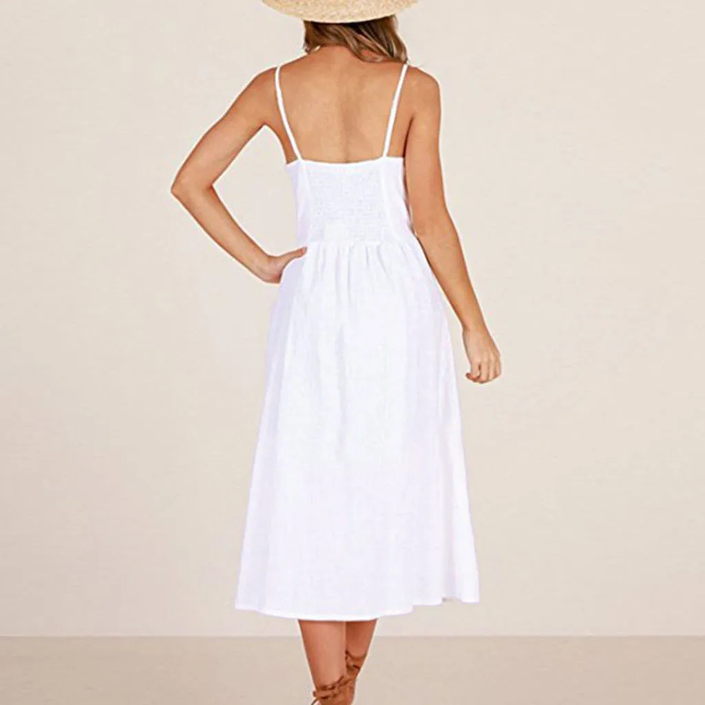 Ropa Mujer Bohemian Summer Beach Women Casual Dresses Sexy Printing Buttons Off Shoulder Sleeveless Party Night Solid Dress | Женская