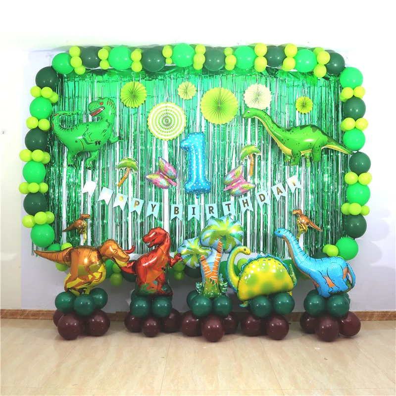 

Большой набор воздушных шаров в виде динозавра, 1 девочка, мальчик, дети, вечеринка на день рождения, Зеленый воздушный шар, Лесной фон, украш...