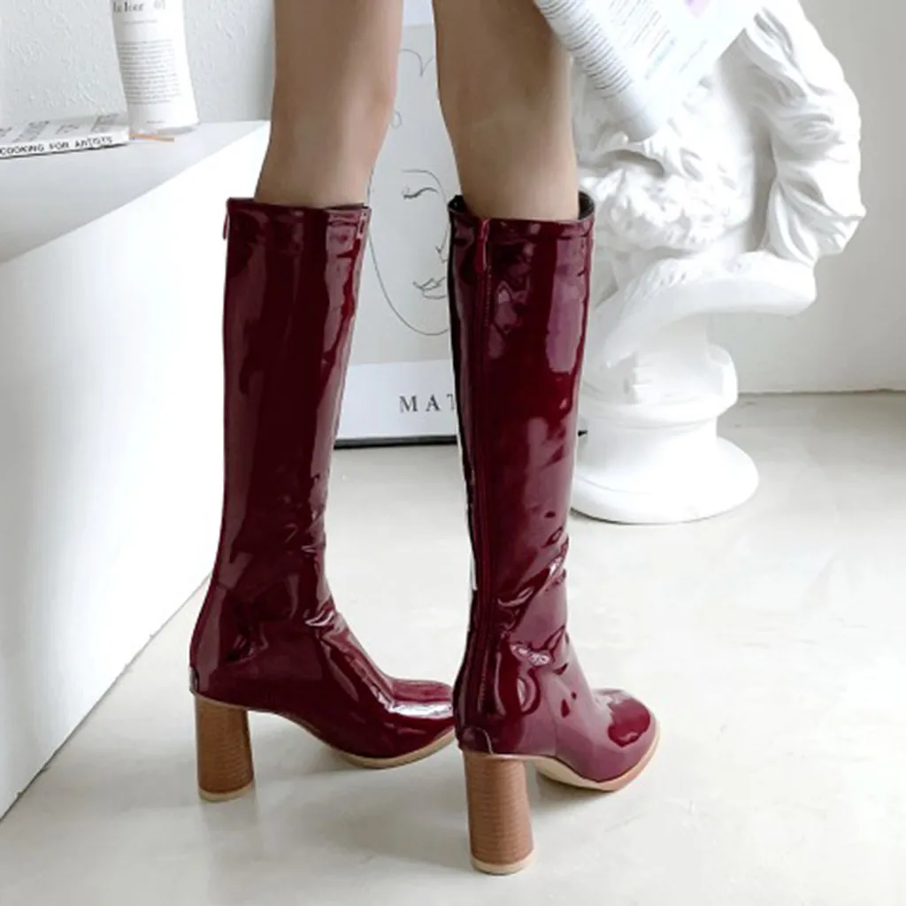 Сапоги из лакированной кожи на высоком каблуке Женские выше колена Классические