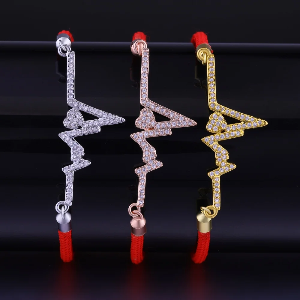 

Juya Micro Pave Zircon Love Heart Heartbeat Bracelets For Women Fashion Chiristmas Gift Adjustable Slider Chains Bracelets