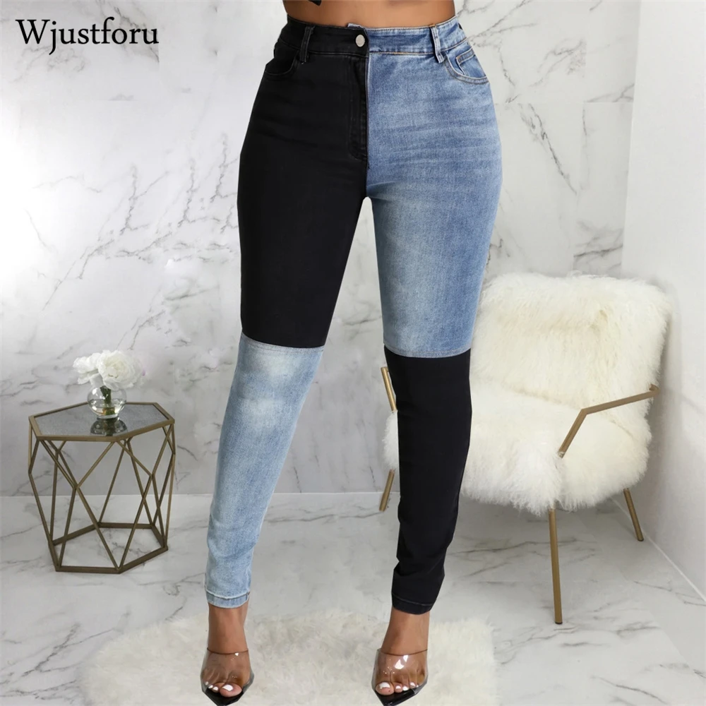 

Wjustforu Patchwork Sexy Pencil Jeans Women Bodycon Fashion High Waist Denim Pants Solid Pocket Summer Casual Zipper Trousers