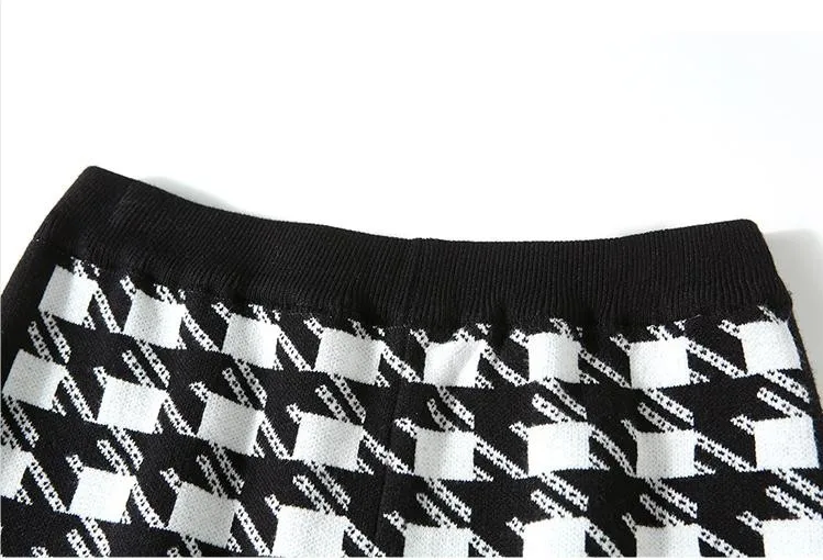

Knitted 2 Piece Outfits Tracksuit Women Houndstooth Long Sleeve Short Coat Elastic Waist Pencil Pants Vintage Ensemble Femme Set