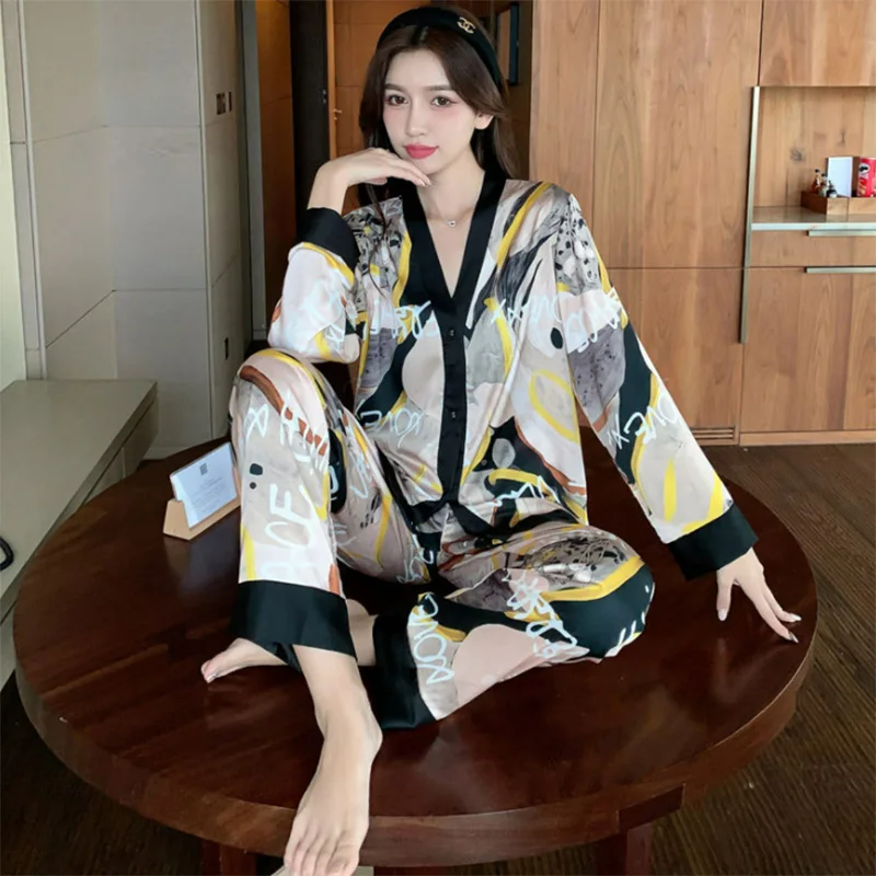 

Women's Pajamas Set V Neck Design Luxury Cross Letter Print Sleepwear Silk Like Home Clothes XL Large Size Nightwear