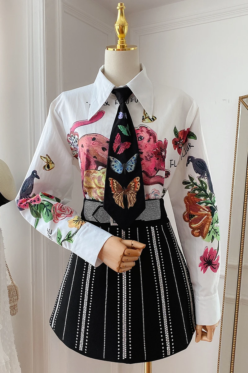 

Fashion 2021 with Tie Hand-Painted Animal Pattern Top Flower Plant Print Shirt High Street Formal All-matching Blouse for Women