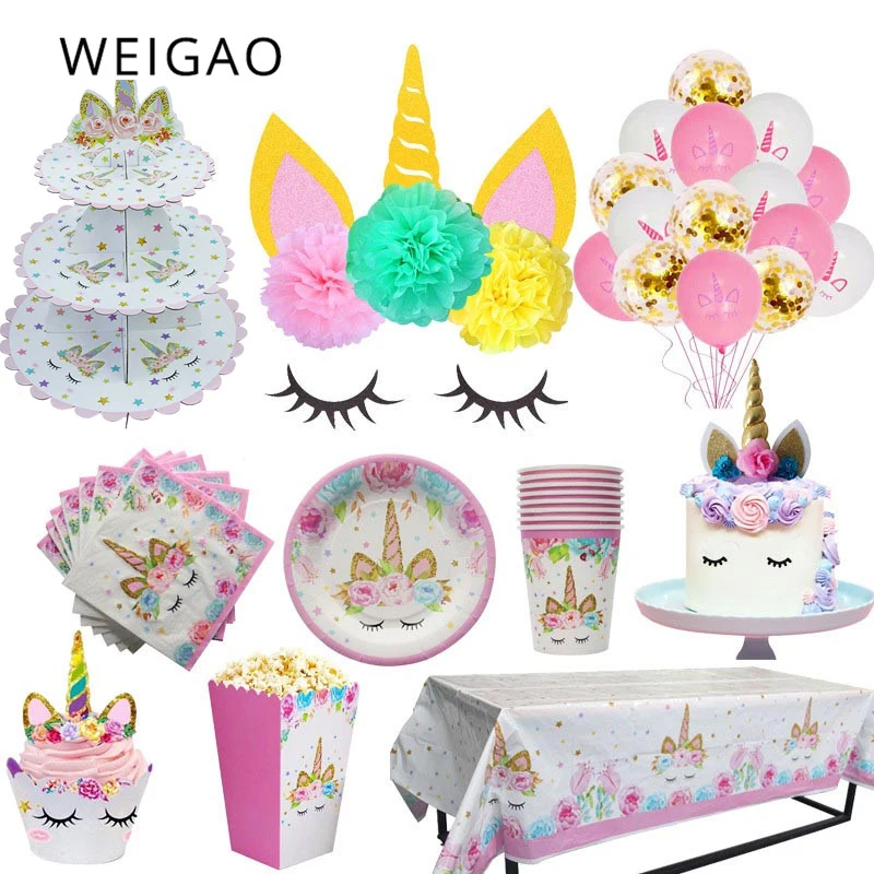 

WEIGAO Pink Unicorn Party Supplies Unicornio Decoration Banner Plates Balloons Napkin Baby Shower Kids Birthday Decoration
